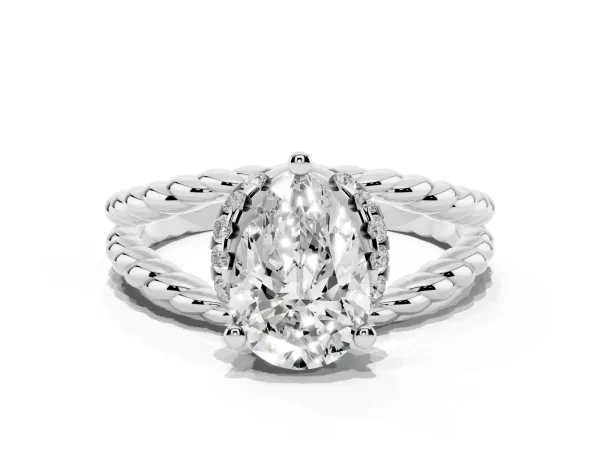Pear Cut Halo Twisted Band Four-Prong Ring White gold