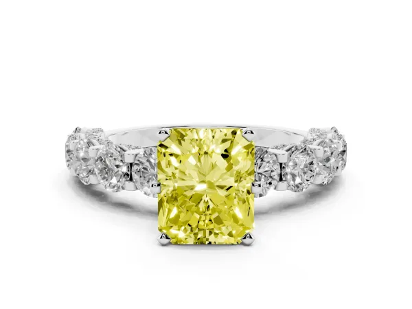 Fancy Yellow Radiant Cut Diamond Side Stone Engagement Ring with Four-Prong Setting Platinum