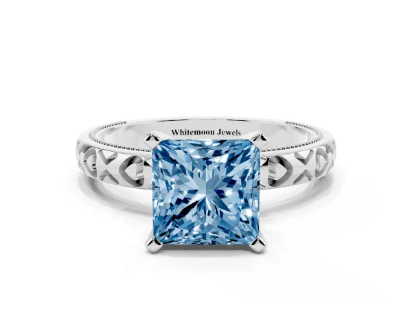 Fancy Blue Princess Cut Solitaire Diamond Engagement Ring with XO Engraved Band and Four-Prong Setting Platinum