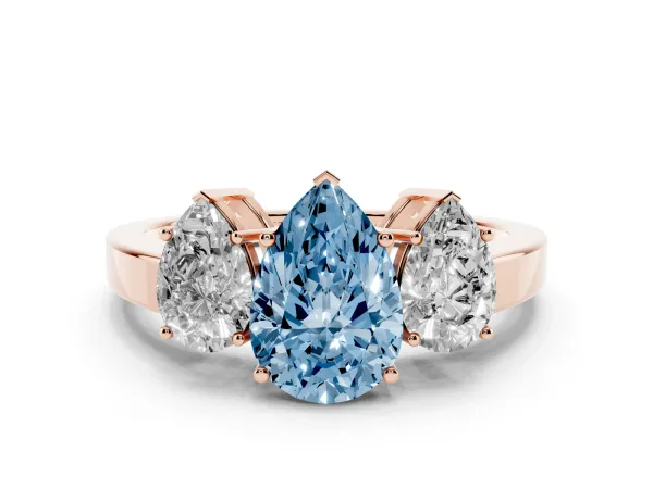 Fancy Blue Three-Stone Pear Cut Cut Diamond Engagement Ring with Flat Band and Four-Prong Setting Rose gold