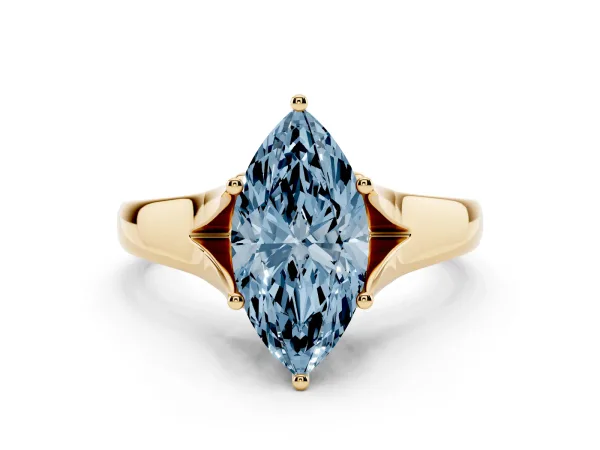 Fancy Blue Marquise Cut Solitaire Diamond Ring with Cathedral Band and Four-Prong Setting Yellow gold
