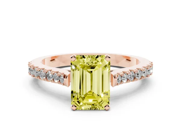 Fancy Yellow Emerald Cut Cut Solitaire Diamond Engagement Ring with Pave Band and Four-Prong Setting Rose gold