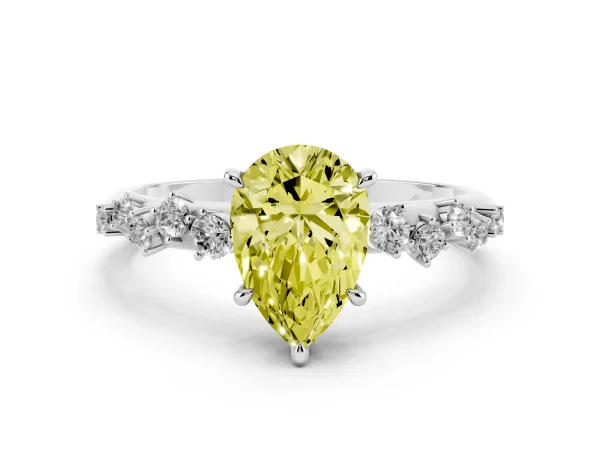 Fancy Yellow Pear Cut Diamond Cluster Side Stone Solitaire Ring with Prong Setting White gold