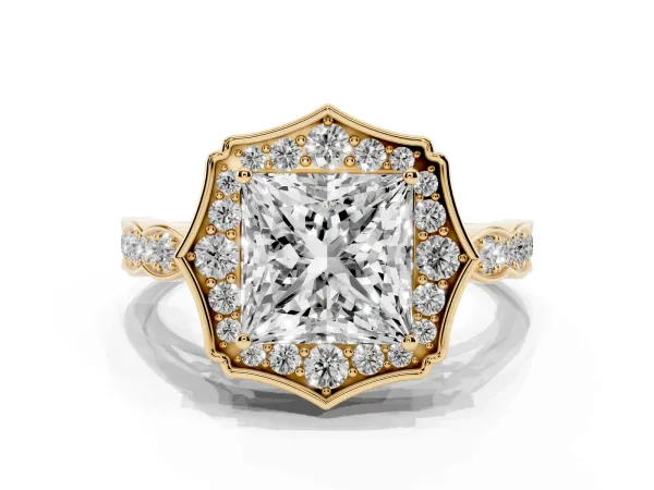 Princess Cut Halo Diamond Engagement Ring with Milgrain Band and Four-Prong Setting Yellow gold