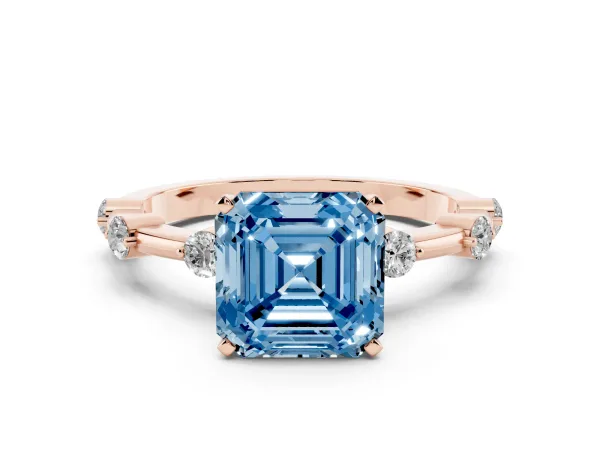 Fancy Blue Asscher Cut Solitaire Diamond Ring with Bezel Set Side Stones and Prong Setting Rose gold