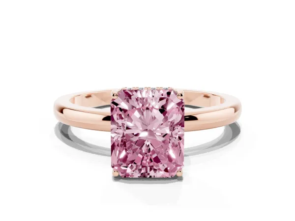 Fancy Pink Radiant Cut Solitaire Diamond Ring with Prong Setting and Plain Band Rose gold