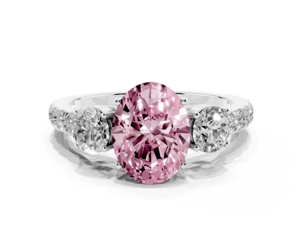 Fancy Pink Oval Cut Cut Diamond Three-Stone Ring with Round Side Stones and Pavé Band Platinum