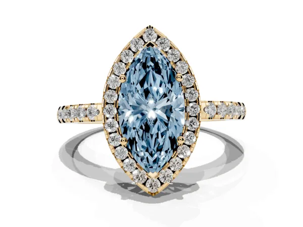Fancy Blue Marquise Cut Halo Diamond Engagement Ring with Pavé Band and Four-Prong Setting Yellow gold