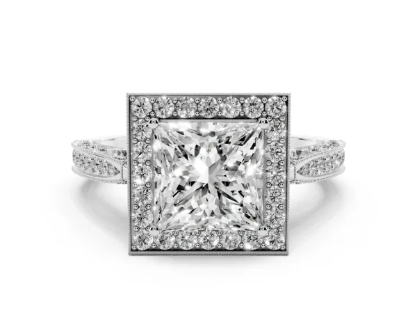 Princess Cut Halo Diamond Engagement Ring with Split Shank Band and Four-Prong Setting Platinum
