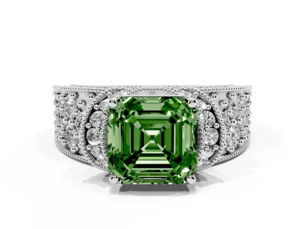 Fancy Green Asscher Cut Halo Pave Diamond Engagement Ring with Milgrain Detailing White gold