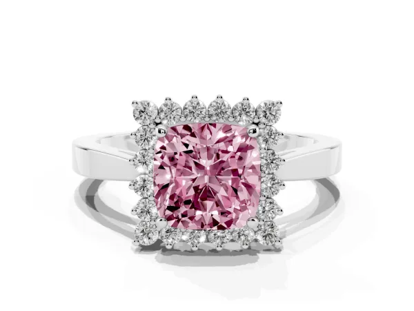 Fancy Pink Cushion Cut Cut Diamond Halo Ring with Round Brilliant Halo and Solitaire Band Platinum
