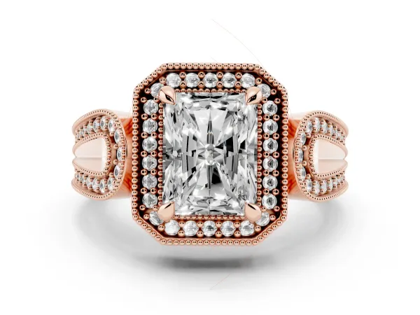 Radiant Cut Halo Split Shank Milgrain Diamond Ring Rose gold