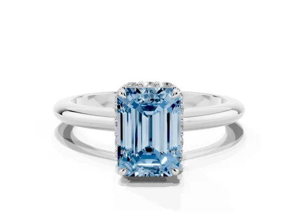 Fancy Blue Emerald Cut Brilliant Solitaire Engagement Ring with Six-Prong Setting and Classic Band White gold