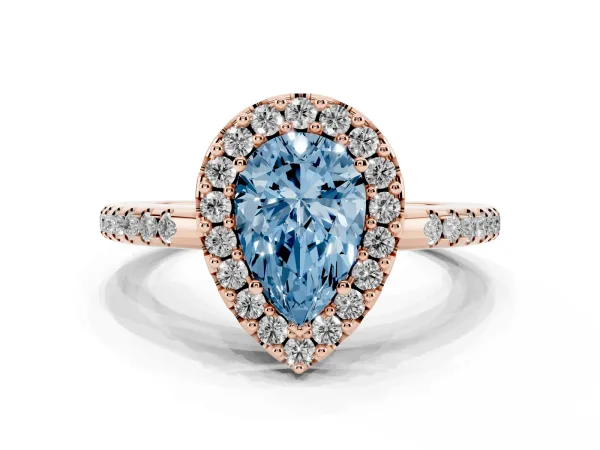 Fancy Blue Pear Cut Diamond Pavé Halo Ring with Four-Prong Setting Rose gold