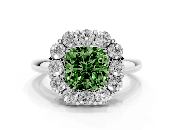 Fancy Green Cushion Cut Halo Cluster Diamond Engagement Ring with Prong Setting and Polished Band White gold