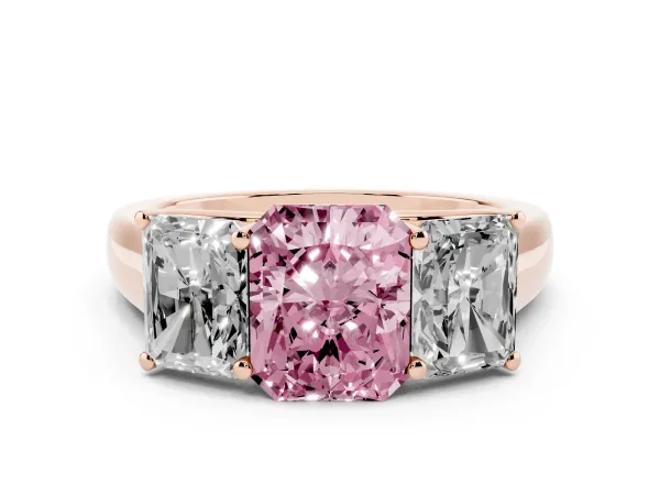 Fancy Pink Radiant Cut Three-Stone Diamond Ring with Prong Setting on a Classic Band Rose gold