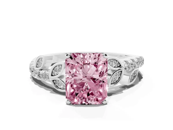 Fancy Pink Radiant Cut Solitaire Leaf-Inspired Diamond Ring with Pavé Band and Four-Prong Setting Platinum