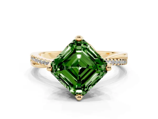 Fancy Green Asscher Cut Solitaire Twist Band with Pavé Diamonds and Four-Prong Setting Yellow gold
