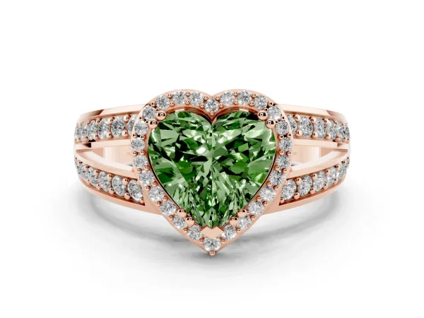 Fancy Green Heart Cut Diamond Halo Ring with Split Shank Pavé Band and Four-Prong Setting Rose gold