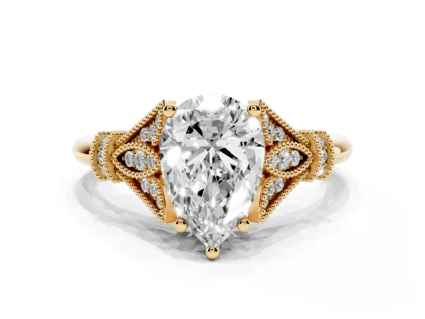 Pear Cut Diamond Solitaire Ring with Floral Filigree and Pave Accents Yellow gold