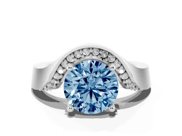 Fancy Blue Round Cut Solitaire Diamond Engagement Ring with Pave Band and Four-Prong Setting White gold