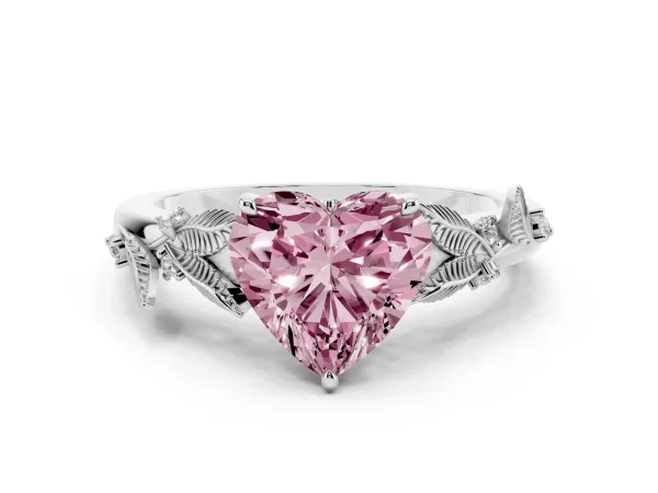 Fancy Pink Heart Cut Diamond Solitaire Ring with Leaf Motif Band and Four-Prong Setting Platinum
