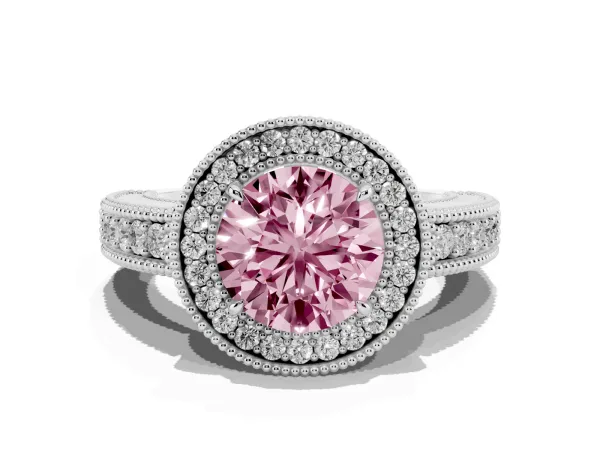 Fancy Pink Round Cut Cut Halo Diamond Ring with Pavé Band and Four-Prong Setting White gold