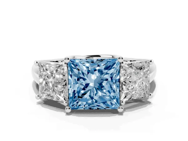 Fancy Blue Three-Stone Princess Cut Diamond Engagement Ring with Prong Setting Platinum