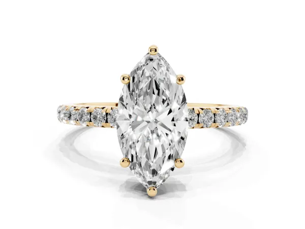 Marquise Cut Cut Diamond Solitaire Ring with Micro Pave Band and Four Prong Setting Yellow gold