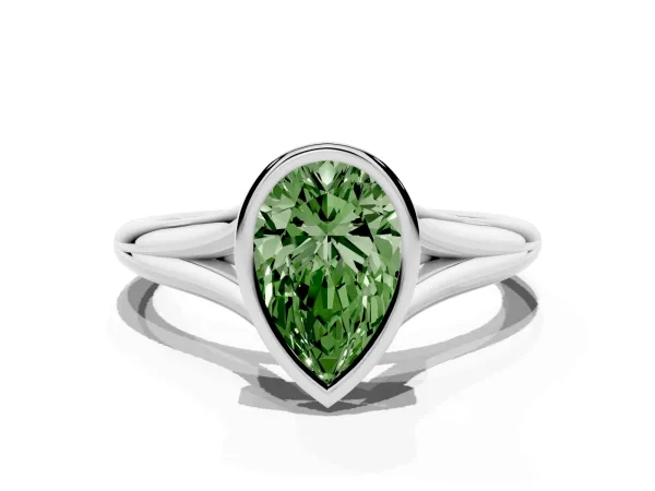 Fancy Green Bezel Set Pear Cut Cut Solitaire Ring with Tapered Band Platinum