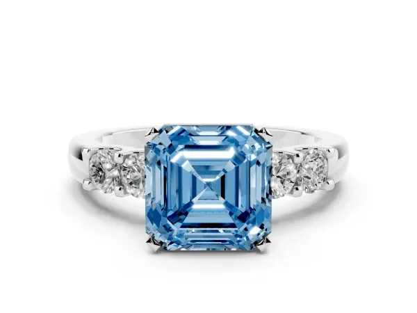 Fancy Blue Asscher Cut Brilliant Cut Diamond Five-Stone Prong Set Engagement Ring with Channel Band Platinum