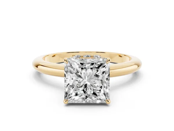 Princess Cut Brilliant Solitaire Engagement Ring with Six-Prong Setting and Classic Band Yellow gold