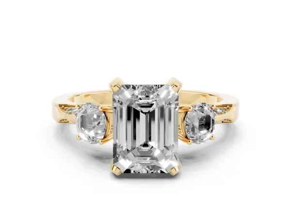 Fancy Blue Emerald Cut Brilliant Three-Stone Diamond Ring with Pavé Band and Four-Prong Setting Yellow gold