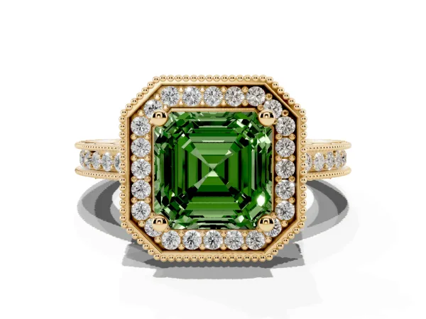 Fancy Green Asscher Cut Diamond Milgrain Halo Engagement Ring with Round Pavé Band and Prong Setting Yellow gold