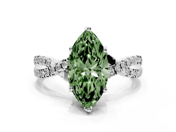 Fancy Green Marquise Cut Solitaire Twist Pave Diamond Engagement Ring with Prong Setting Platinum