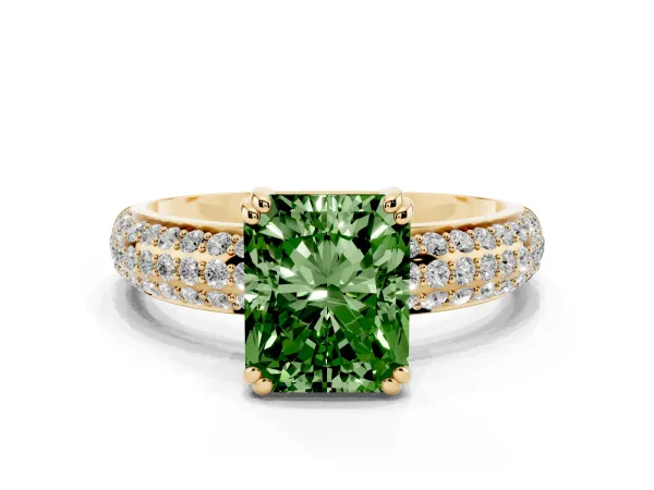 Fancy Green Radiant Cut Diamond Solitaire Ring with Multi-Row Round Pavé Band and Prong Setting Yellow gold