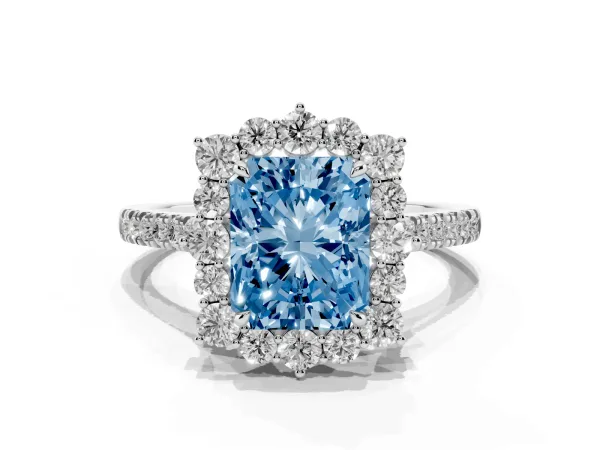 Fancy Blue Radiant Cut Halo Diamond Ring with Pavé Band and Prong Setting Platinum