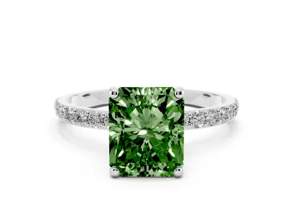 Fancy Green Radiant Cut Diamond Solitaire Ring with Round Pavé Band and Prong Setting Platinum
