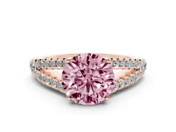 Fancy Pink Round Cut Diamond Split Shank Pavé Engagement Ring with Four-Prong Setting Rose gold