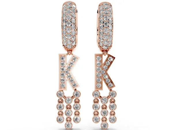 Round Diamond Initial K Huggie Hoop Earrings Rose gold