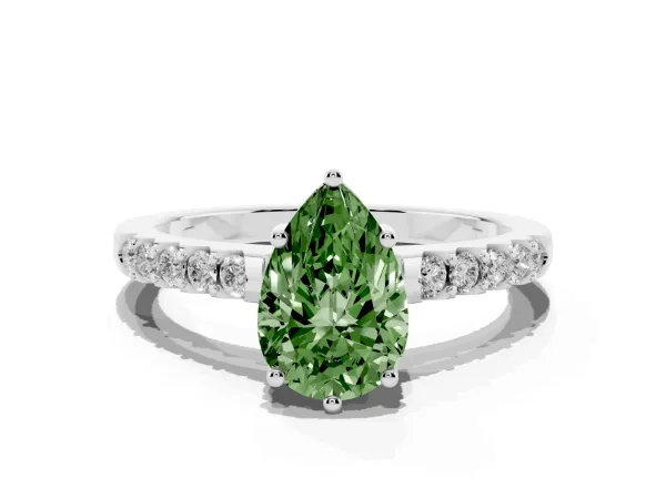Fancy Green Pear Cut Solitaire Diamond Engagement Ring with Pavé Band and Six-Prong Setting White gold