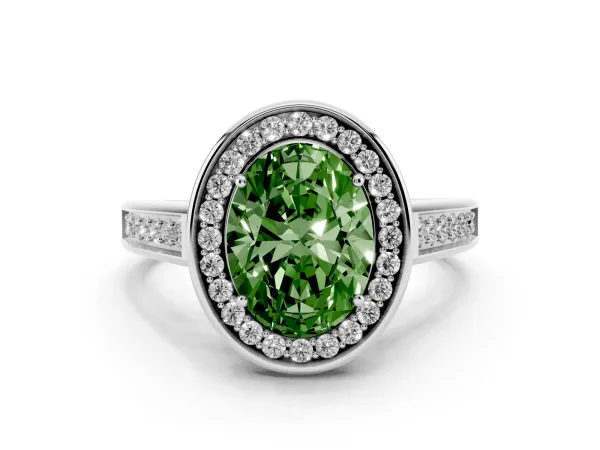 Fancy Green Oval Cut Halo Solitaire Diamond Ring with Pave Band and Bezel Setting White gold