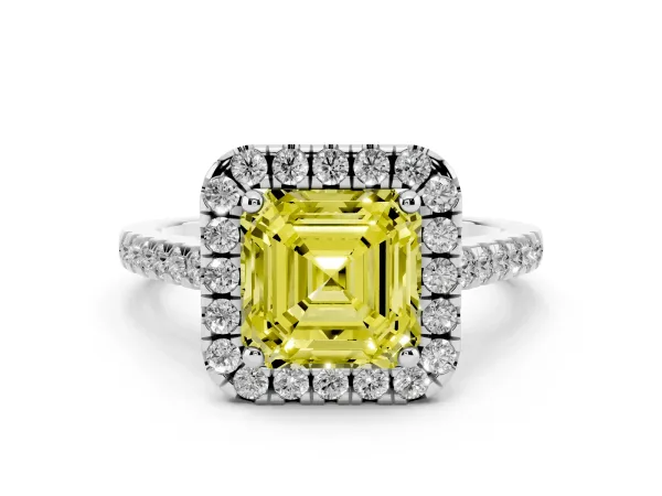 Fancy Yellow Asscher Cut Halo Pavé Diamond Engagement Ring with Four-Prong Setting Platinum