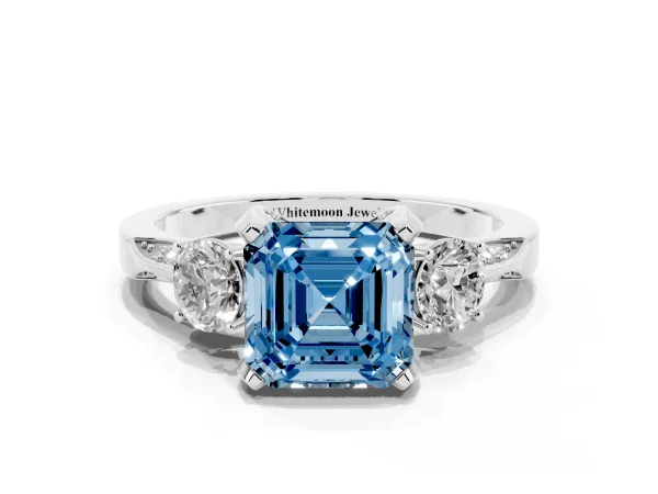 Fancy Blue Asscher Cut Brilliant Three-Stone Diamond Ring with Pavé Band and Four-Prong Setting White gold