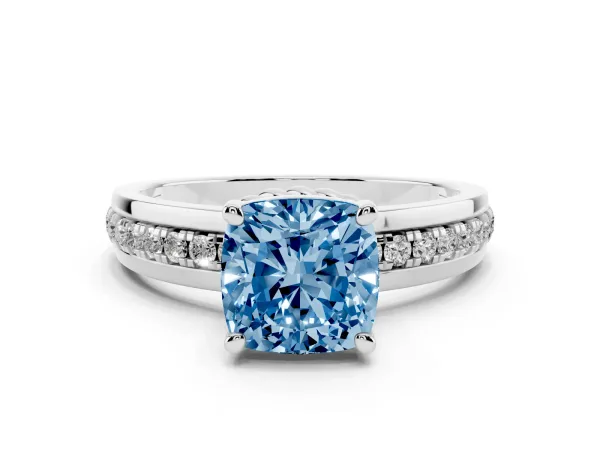 Fancy Blue Cushion Cut Solitaire Diamond Ring with Channel Set Band and Six-Prong Setting Platinum