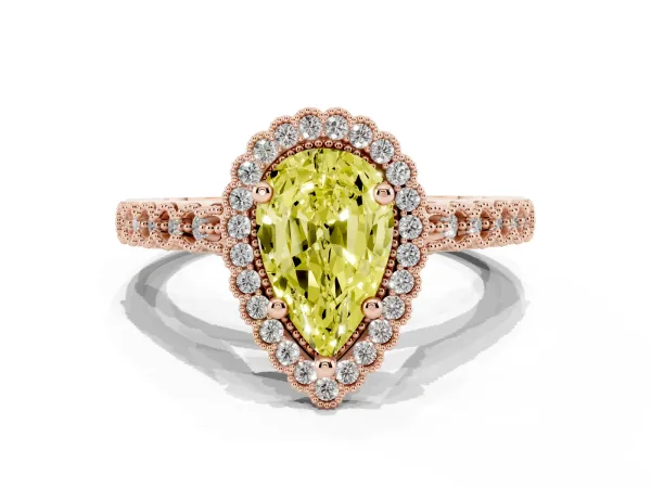 Fancy Yellow Pear Cut Cut Halo Pavé Solitaire Ring with Milgrain Band Rose gold