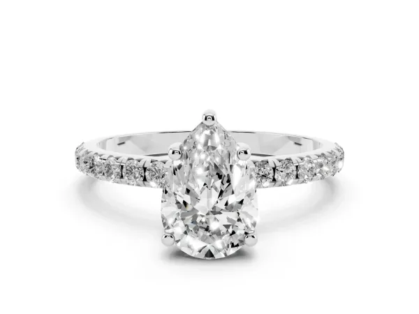 Pear Cut Cut Diamond Solitaire Ring with Micro Pave Band and Four Prong Setting Platinum