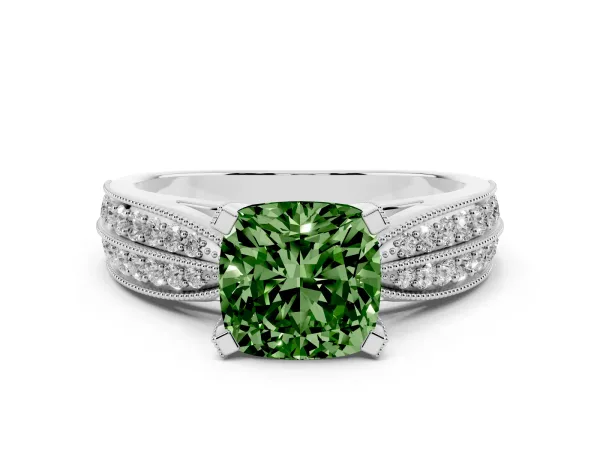 Fancy Green Cushion Cut Diamond Solitaire Ring with Milgrain Round Pavé Band and Prong Setting White gold