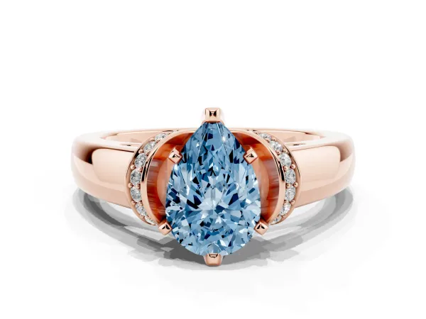 Fancy Blue Pear Cut Solitaire Diamond Ring with Pave Band and Six-Prong Setting Rose gold