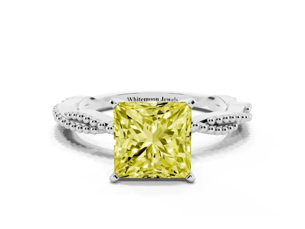 Fancy Yellow Princess Cut Solitaire Twisted Band with Bead Prong Setting White gold
